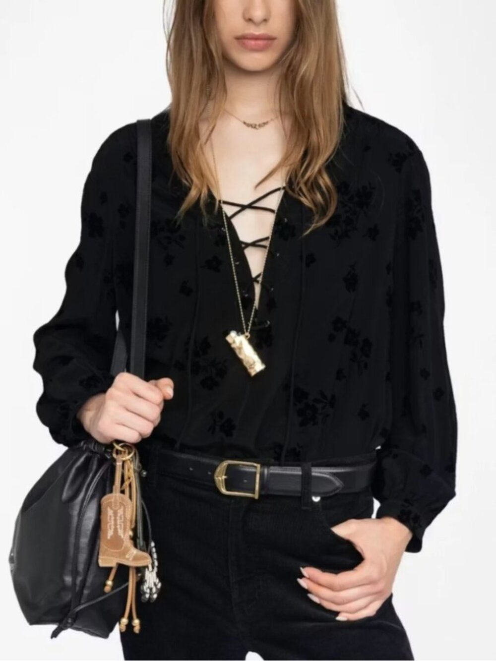 NWT Zadig & Voltaire Tamela Soft Flock Flowers Black Lace-Up Blouse / XXS
